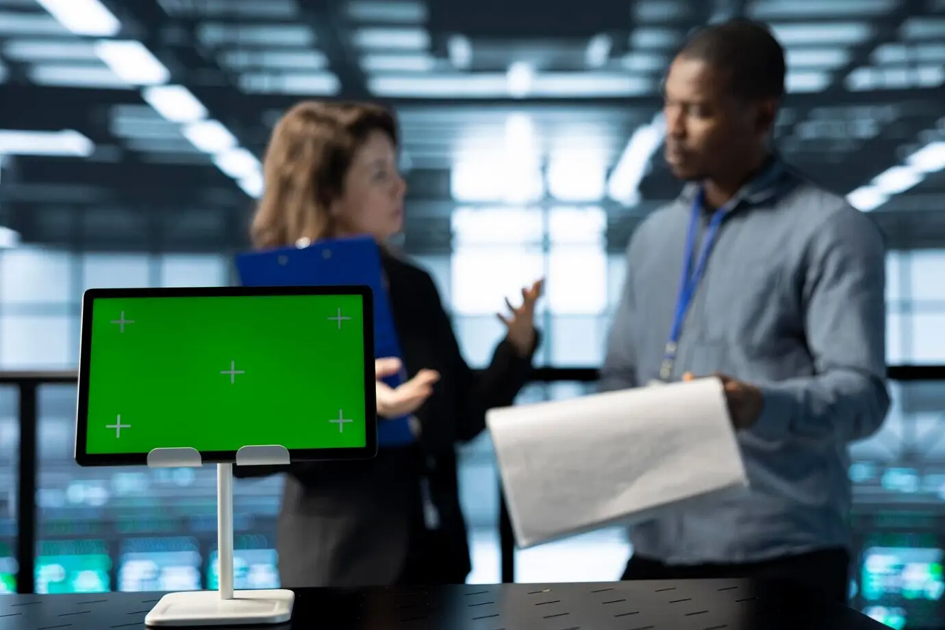 Макет планшета перед инспектором центра обработки данных, проверяющим бумажные документы.